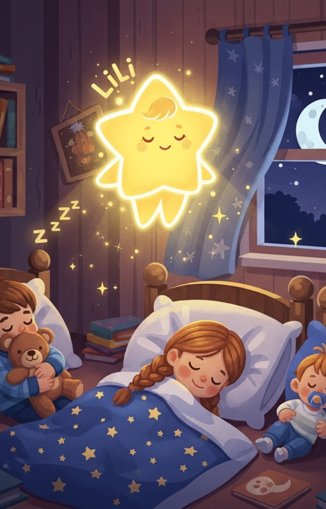 Polish: Mała świecąca gwiazdka Lili unosi się nad śpiącymi dziećmi w przytulnym pokoju nocą. (ترجمة): The little glowing star Lili floats above sleeping children in a cozy bedroom at night.