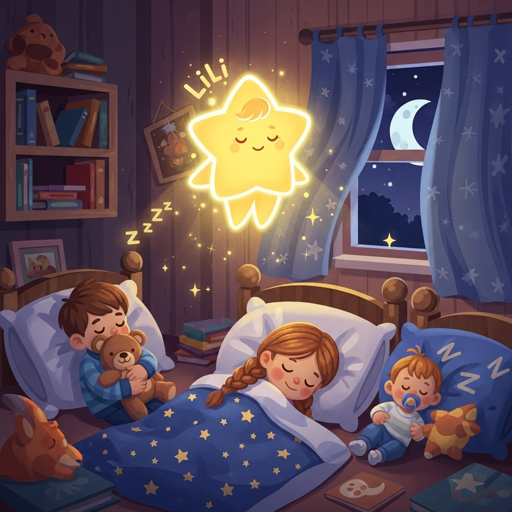 Polish: Mała świecąca gwiazdka Lili unosi się nad śpiącymi dziećmi w przytulnym pokoju nocą. (ترجمة): The little glowing star Lili floats above sleeping children in a cozy bedroom at night.