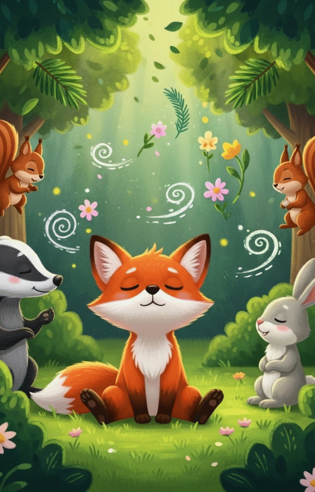 Lisek Emil wdychający zapach lasu z przyjaciółmi