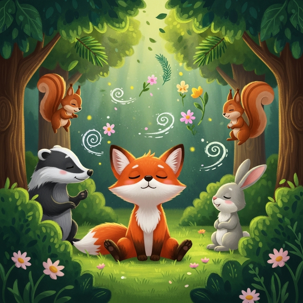 Lisek Emil wdychający zapach lasu z przyjaciółmi