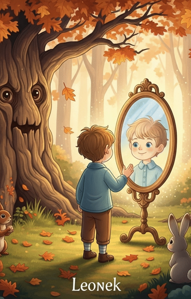 Leonek patrzący w magiczne lustro pośród jesiennego lasu