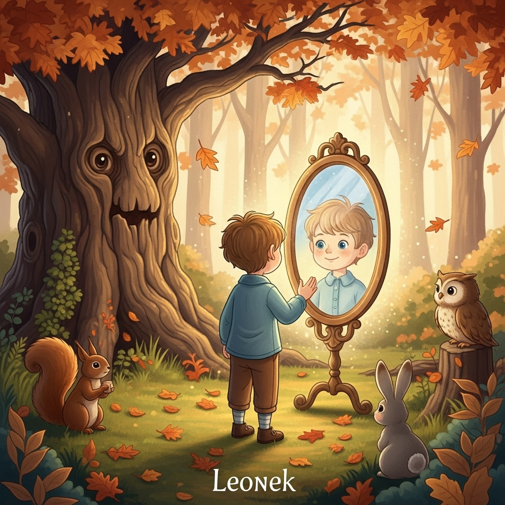 Leonek patrzący w magiczne lustro pośród jesiennego lasu